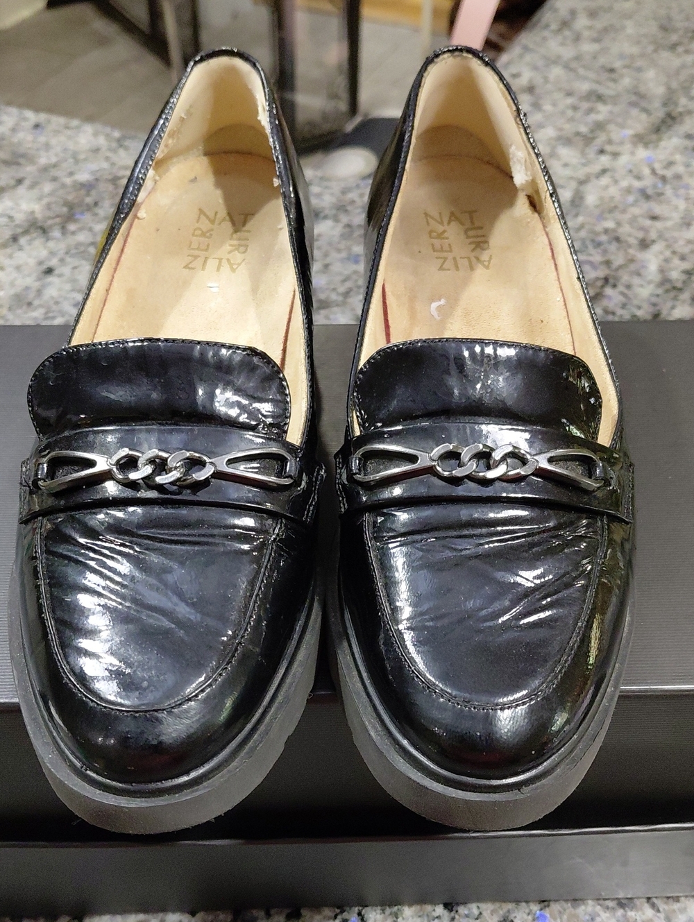 "Naturalizer" Black Patent Platform Loafers with Silver Chain Accent, Sz.9-9.5..